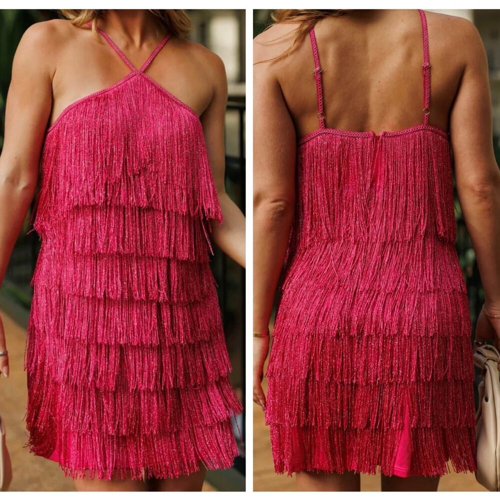 FORE Fringe Dress Large Women Pink Metallic Special Occasion Party Cocktail Mini